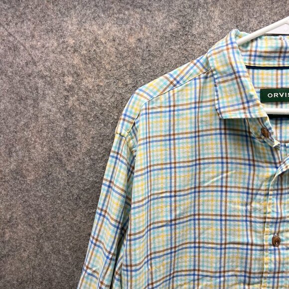 Orvis Shirt Men Large Adult White Yellow Blue Button Down Preppy Cotton Check - Picture 10 of 12
